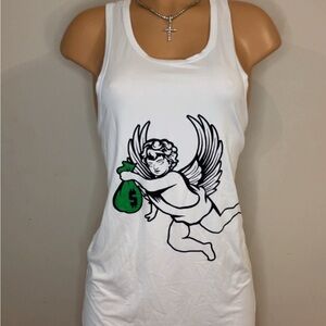 White Fitted Mini Dress with Graphic Design and Sleeveless Style